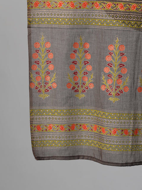 Women Grey and Orange Gold Printed Three-Quarter Sleeves Straight Kurta With Palazzo and Dupatta with pockets And Face Mask