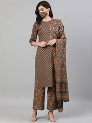 Women Grey and Orange Gold Printed Three-Quarter Sleeves Straight Kurta With Palazzo and Dupatta with pockets And Face Mask