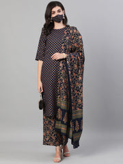 Women Blue and Orange Gold Printed Three-Quarter Sleeves Straight Kurta With Palazzo and Dupatta with pockets And Face Mask