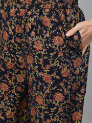 Women Blue and Orange Gold Printed Three-Quarter Sleeves Straight Kurta With Palazzo and Dupatta with pockets And Face Mask