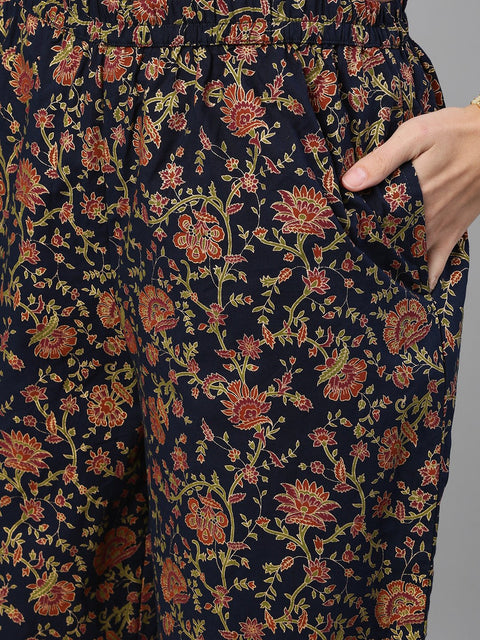 Women Blue and Orange Gold Printed Three-Quarter Sleeves Straight Kurta With Palazzo and Dupatta with pockets And Face Mask