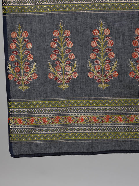 Women Blue and Orange Gold Printed Three-Quarter Sleeves Straight Kurta With Palazzo and Dupatta with pockets And Face Mask