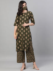 Women Mehendi Green and Pink Gold Printed Three-Quarter Sleeves Straight Kurta With Palazzo with pockets And Face Mask