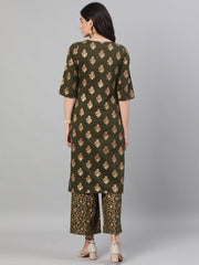 Women Mehendi Green and Pink Gold Printed Three-Quarter Sleeves Straight Kurta With Palazzo with pockets And Face Mask
