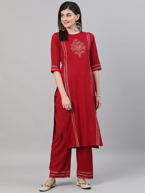Women Maroon Three-Quarter Sleeves Block Printed Straight Kurta With Palazzo and pockets