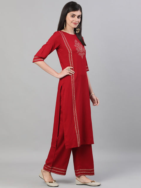 Women Maroon Three-Quarter Sleeves Block Printed Straight Kurta With Palazzo and pockets