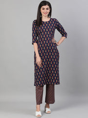 Women Blue Three-Quarter Sleeves Floral Printed Kurta and Palazzo with pockets