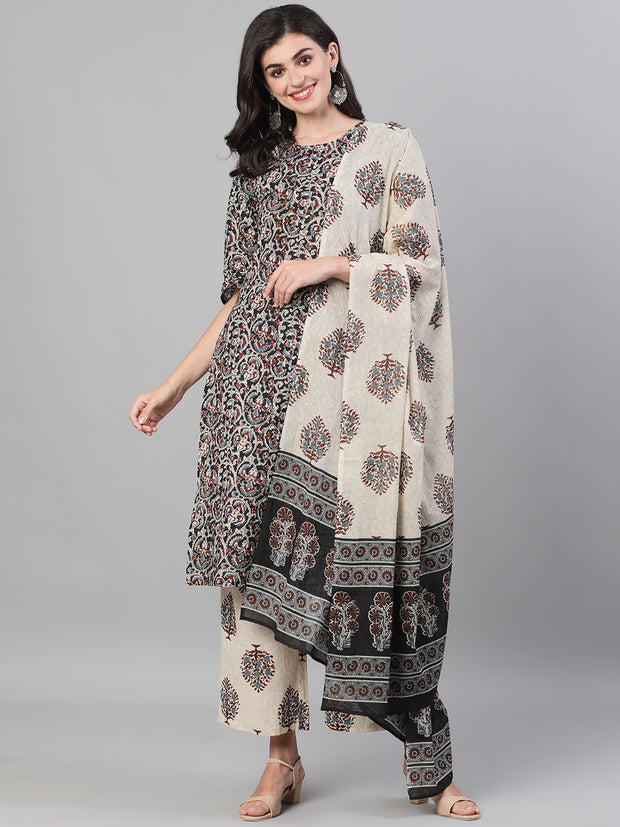 Women Black and White Three-Quarter Sleeves Printed Kurta-Palazzo with pockets Dupatta and Face Mask