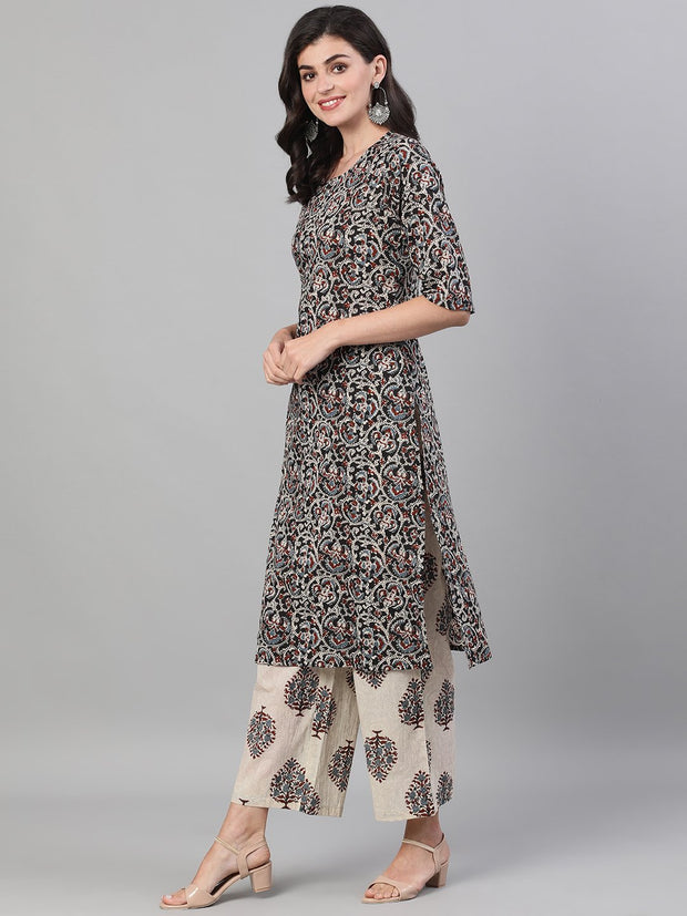 Women Black and White Three-Quarter Sleeves Printed Kurta-Palazzo with pockets Dupatta and Face Mask