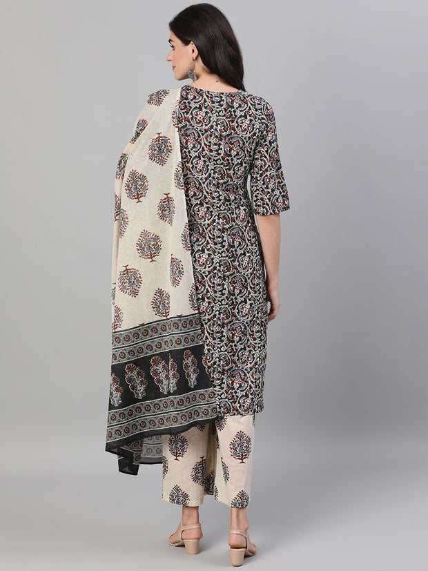 Women Black and White Three-Quarter Sleeves Printed Kurta-Palazzo with pockets Dupatta and Face Mask