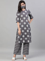 Women Steel Grey Three-Quarter Sleeves Printed Kurta-Palazzo with pockets and Face Mask