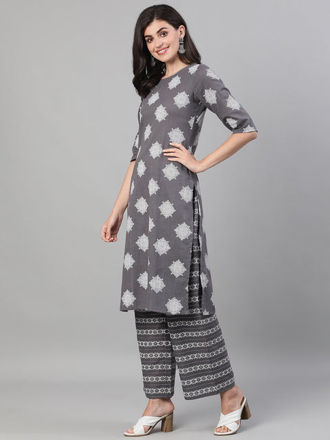 Women Steel Grey Three-Quarter Sleeves Printed Kurta-Palazzo with pockets and Face Mask