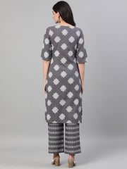 Women Steel Grey Three-Quarter Sleeves Printed Kurta-Palazzo with pockets and Face Mask