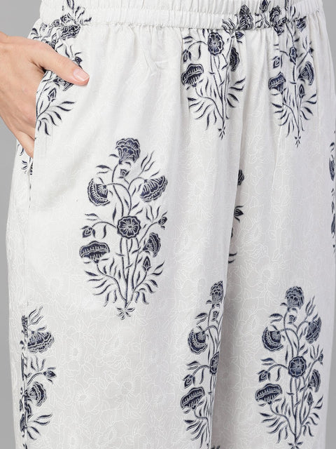 Women White and Blue Three-Quarter Sleeves Printed Kurta-Palazzo with pockets