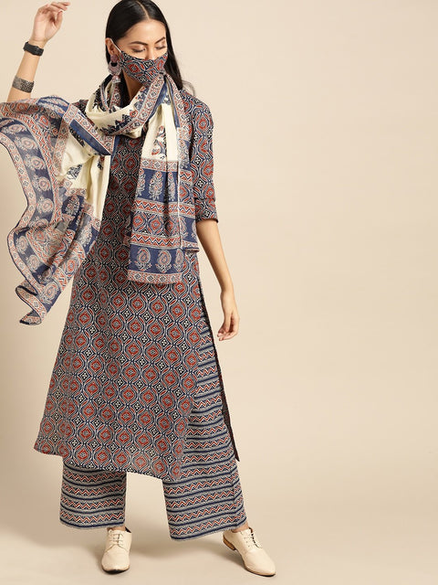 Women Red & Indigo Three-Quarter Sleeves Straight Kurta With Palazzo & printed Dupatta