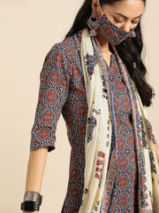 Women Red & Indigo Three-Quarter Sleeves Straight Kurta With Palazzo & printed Dupatta