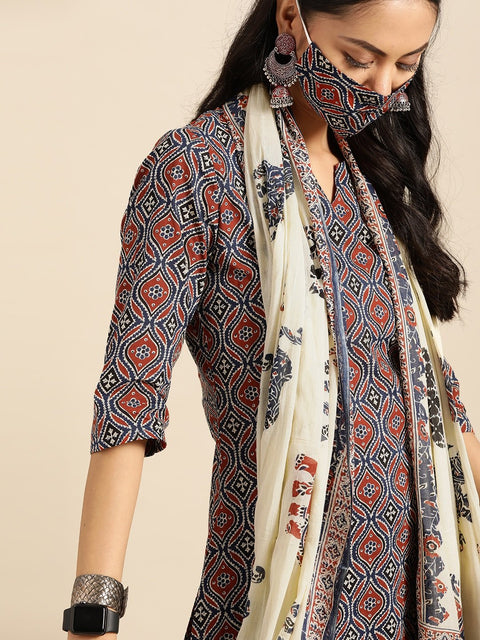 Women Red & Indigo Three-Quarter Sleeves Straight Kurta With Palazzo & printed Dupatta