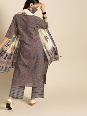 Women Red & Indigo Three-Quarter Sleeves Straight Kurta With Palazzo & printed Dupatta