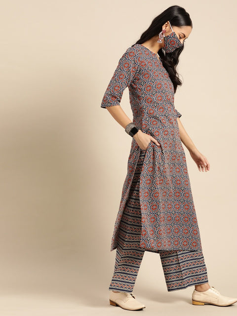 Women Red & Indigo Three-Quarter Sleeves Straight Kurta With Palazzo & printed Dupatta