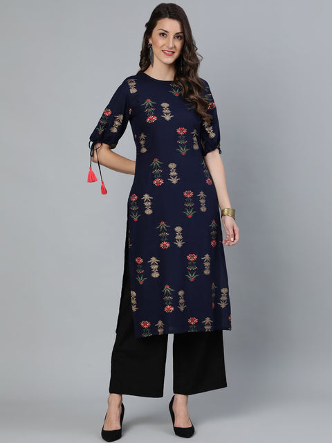 Women Navy Blue Floral Printed Straight Kurta With Round Neck & Three Qauter Sleeves