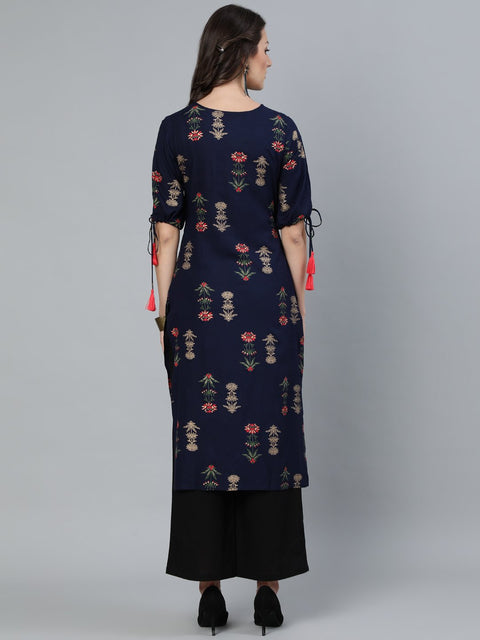Women Navy Blue Floral Printed Straight Kurta With Round Neck & Three Qauter Sleeves