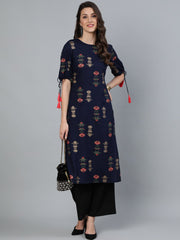 Women Navy Blue Floral Printed Straight Kurta With Round Neck & Three Qauter Sleeves