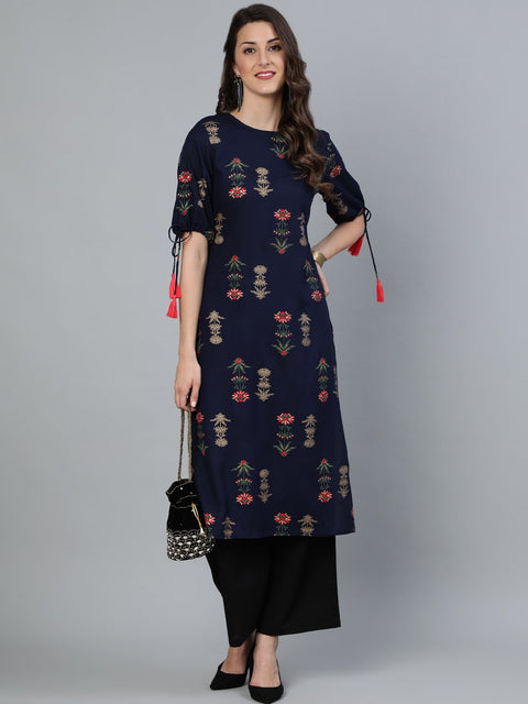 Women Navy Blue Floral Printed Straight Kurta With Round Neck & Three Qauter Sleeves