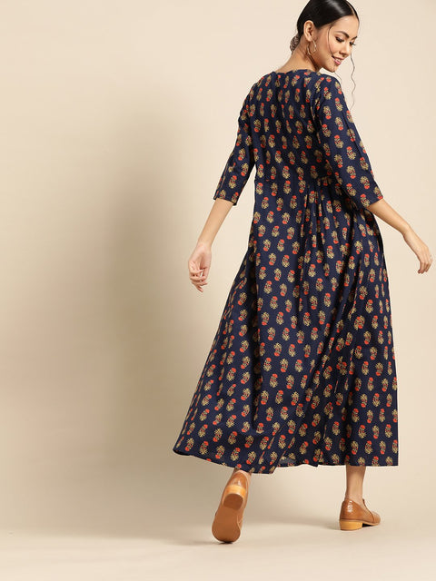 Womens Indigo Floral Printed Gathered Dress with Round Neck & Three quarters Sleeves