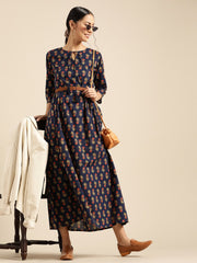 Womens Indigo Floral Printed Gathered Dress with Round Neck & Three quarters Sleeves
