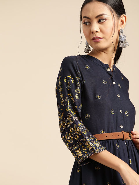 Womens Navy Blue & Gold Ethinic Printed Dress With Mandarin Collar & Three Quarter Sleeves