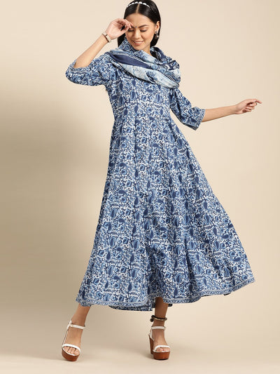 Womens Indigo Floral Printed Flared Round Neck Dress with Three quarters Sleeves  & Dupatta