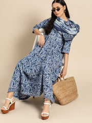 Womens Indigo Floral Printed Flared Round Neck Dress with Three quarters Sleeves  & Dupatta