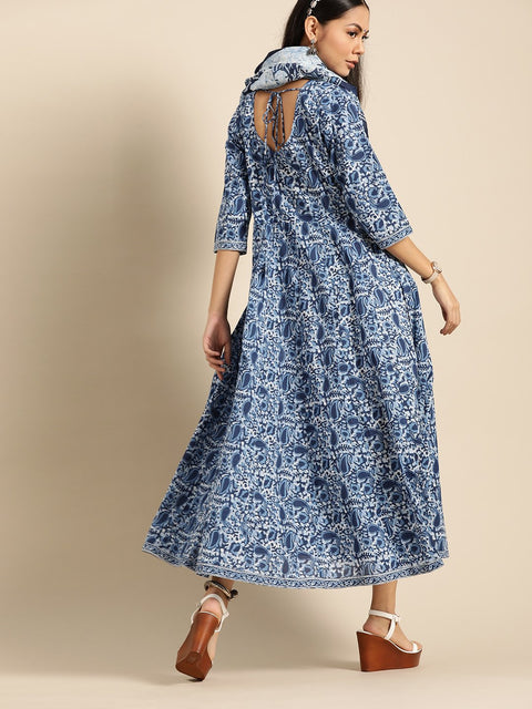 Womens Indigo Floral Printed Flared Round Neck Dress with Three quarters Sleeves  & Dupatta