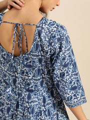 Womens Indigo Floral Printed Flared Round Neck Dress with Three quarters Sleeves  & Dupatta
