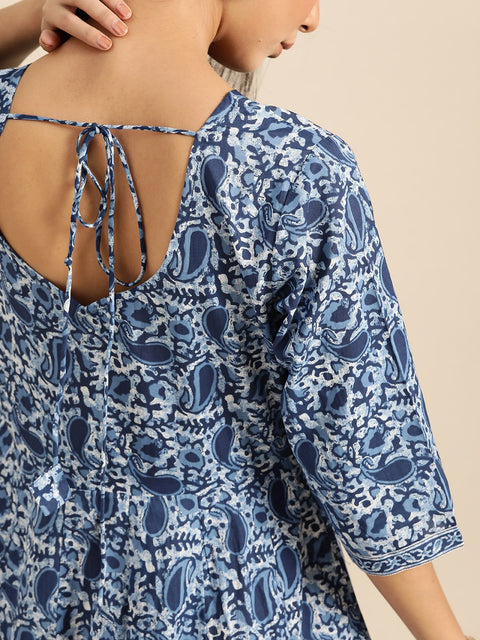 Womens Indigo Floral Printed Flared Round Neck Dress with Three quarters Sleeves  & Dupatta