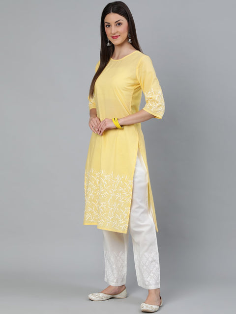 Women Yellow Block Printed Straight Kurta With Off White Plazo