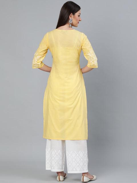 Women Yellow Block Printed Straight Kurta With Off White Plazo