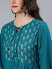 Women Green & Gold Block Printed Dress With Three Quarter Sleeves