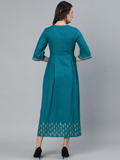 Women Green & Gold Block Printed Dress With Three Quarter Sleeves