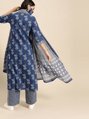 Women Indigo Three-Quarter Sleeves Straight Kurta With Palazzo & Striped Dupatta