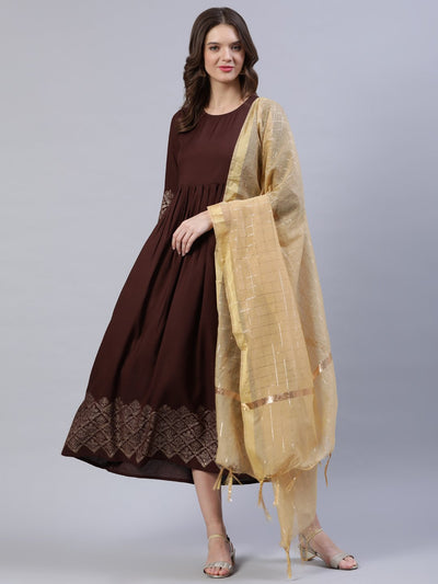 Women Brown Block Printed Dress With Chanderi Dupatta
