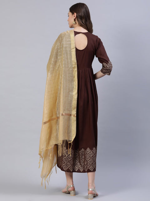 Women Brown Block Printed Dress With Chanderi Dupatta