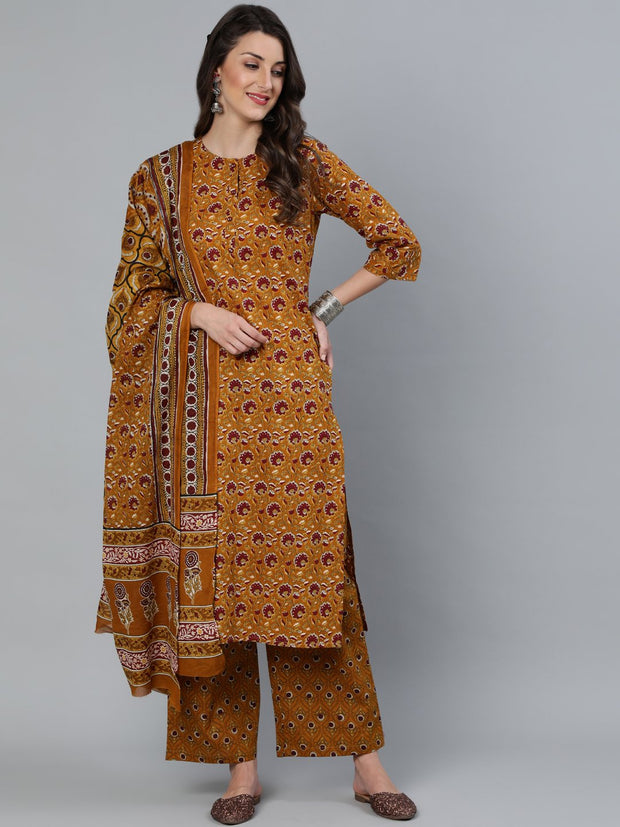 Women Mustard & Maroon Printed Straight Kurta With Plazzo  & Dupatta