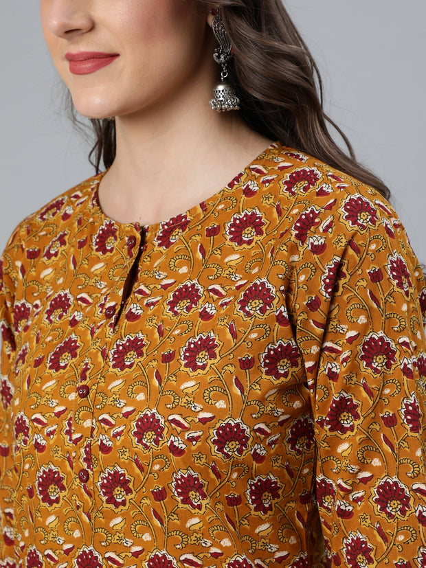 Women Mustard & Maroon Printed Straight Kurta With Plazzo  & Dupatta