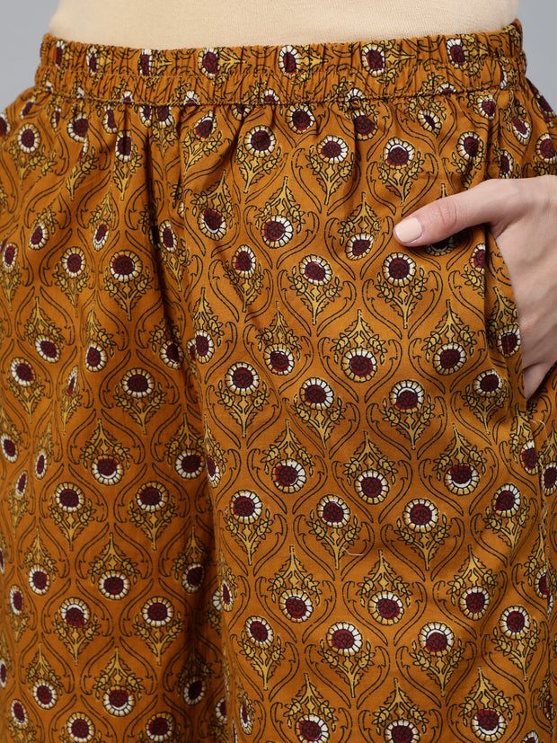 Women Mustard & Maroon Printed Straight Kurta With Plazzo  & Dupatta