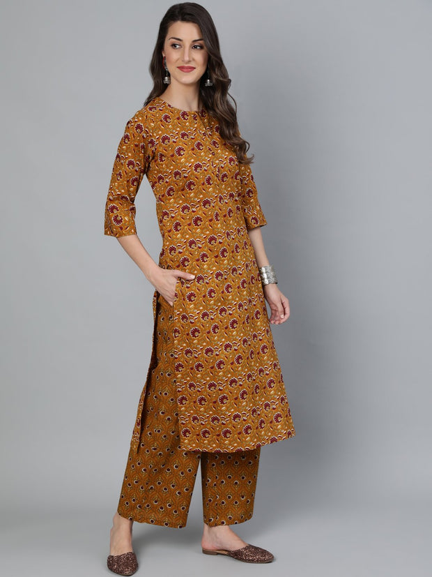 Women Mustard & Maroon Printed Straight Kurta With Plazzo  & Dupatta