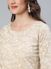 Women Beige Floral Printed Straight Kurta With Plazo & Dupatta