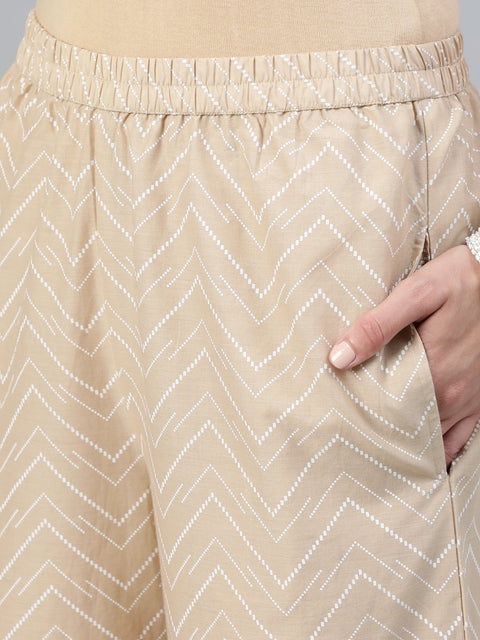 Women Beige Floral Printed Straight Kurta With Plazo & Dupatta