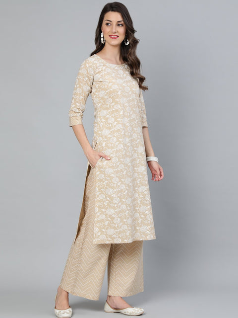 Women Beige Floral Printed Straight Kurta With Plazo & Dupatta