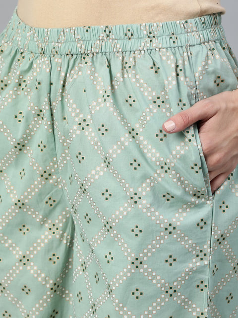 Women Sage Green & Gold Printed Straight Kurta With Plazo & Dupatta